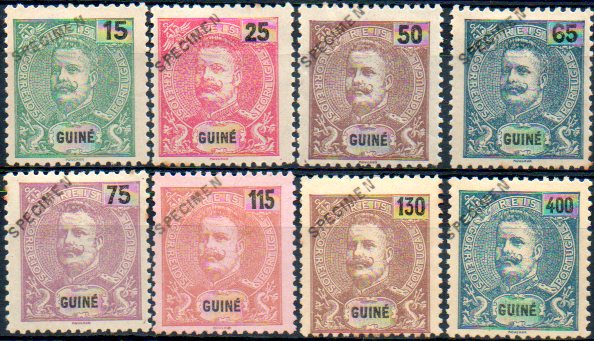 1545.jpg -     Lote:    1545            Guiné       Descrição:         1903 &mdash; D. Carlos I tipo Mouchon. Novas cores e valores. CE89/96. Série completa com selos originais distribuídos com as reimpressões de 1905, com sobrecarga oblíqua a preto "SPECIMEN". MB e R.        *       Valor Base:     &euro; 100,00     Valor Venda:     &euro; 190,00     