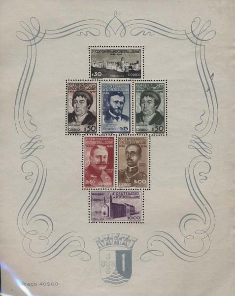 1548.jpg -     Lote:    1548            Guiné       Descrição:         1946 &mdash; 5.º Centenário da Descoberta da Guiné. CE BLC1. Bloco com série. Muito bonito com goma original sem sinal de charneira. Valor de catálogo &euro; 180,00.        BLC***       Valor Base:     &euro; 40,00     Valor Venda:     &euro; 75,00     