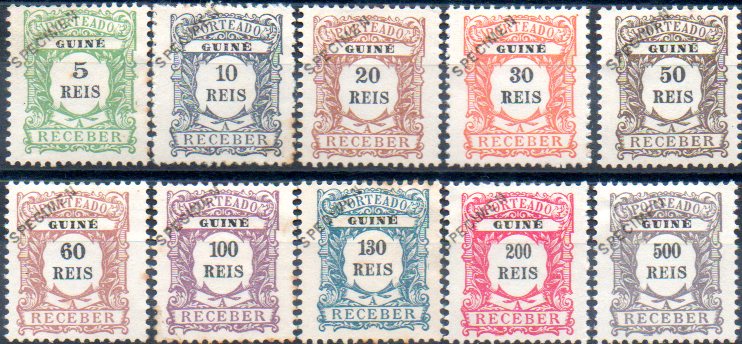 1550.jpg -     Lote:    1550            Guiné       Descrição:         1904 &mdash; Porteado. Emissão regular. Emitidos sem goma. CE POR 1/10. Série completa com selos originais distribuídos com as reimpressões de 1905, com sobrecarga oblíqua a preto "SPECIMEN". MB e R.        *       Valor Base:     &euro; 75,00     Valor Venda:     &euro; 130,00     