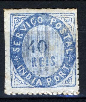 1552.jpg -     Lote:    1552            Índia       Descrição:         1871/72 &mdash; Nativos. Tipo II. CE10, 40 reis azul, papel avergoado, denteado 13 &frac12;. Impressão deslocada da taxa. Valor de catálogo &euro; 126,00.        **       Valor Base:     &euro; 25,00     Valor Venda:     &euro; 25,00     