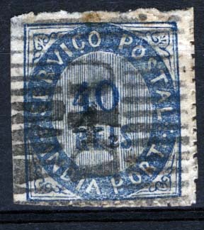 1554.jpg -     Lote:    1554            Índia       Descrição:         1871/72 &mdash; Nativos. Tipo II. CE10, 40 reis azul, papel avergoado, denteado 13 &frac12;, obliterado com carimbo nominativo "DIU".        O       Valor Base:     &euro; 30,00     Valor Venda:     &euro; 48,00     