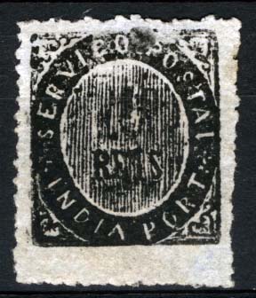 1555.jpg -     Lote:    1555            Índia       Descrição:         1874 &mdash; Nativos. Tipo IC. CE21, 10 reis preto, papel azulado fino. Selo com dupla impressão de taxa, uma mais acima bem marcada e outra mais abaixo, ao centro, menos marcada. MB e MR.        **       Valor Base:     &euro; 150,00     Valor Venda:     Retirado     