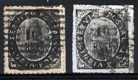 1557.jpg -     Lote:    1557            Índia       Descrição:         1874 &mdash; Nativos. Tipo IC. CE21, 10 reis preto, papel azulado fino. Lote de dois selos obliterados com carimbos numéricos batidos a preto: "3" &mdash; Bicholim e "4" &mdash; Ponda. Valor de catálogo &euro; 91,00.        O       Valor Base:     &euro; 15,00     Valor Venda:     &euro; 22,00     