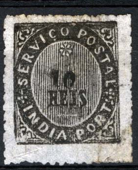 1559.jpg -     Lote:    1559            Índia       Descrição:         1877 &mdash; Nativos. Tipo III. CE37, 10 reis preto, papel azulado fino. Valor de catálogo &euro; 50,60.        **       Valor Base:     &euro; 15,00     Valor Venda:     &euro; 18,00     