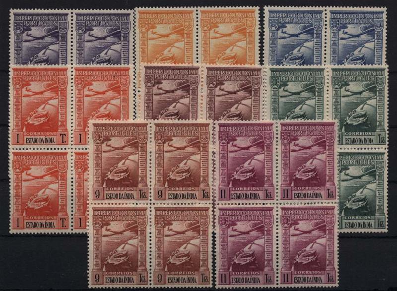 1565.jpg -     Lote:    1565            Índia       Descrição:         1938 &mdash; Correio Aéreo. Império Colonial Português. CE CA1/8. Série completa em quadras. Valor de catálogo &euro; 192,64.        ***       Valor Base:     &euro; 38,00     Valor Venda:     &euro; 55,00     