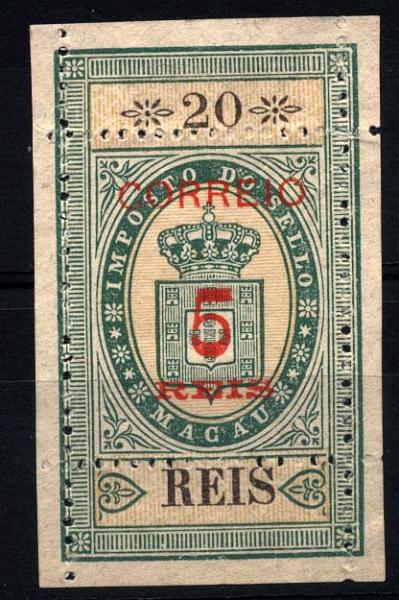 1571.jpg -     Lote:    1571            Macau       Descrição:         1887 &mdash; Selos fiscais, sobrecarregados e denteados. CE29, 5 s/ 20 reis verde amarelo. Selo completo. Valor de catálogo &euro; 119,00.        *       Valor Base:     &euro; 25,00     Valor Venda:     &euro; 80,00     