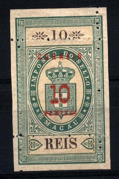1574.jpg -     Lote:    1574            Macau       Descrição:         1887 &mdash; Selos fiscais, sobrecarregados e denteados. CE30, 10 s/ 10 reis verde. Selo completo. Valor de catálogo &euro; 150,00.        *       Valor Base:     &euro; 25,00     Valor Venda:     &euro; 42,00     