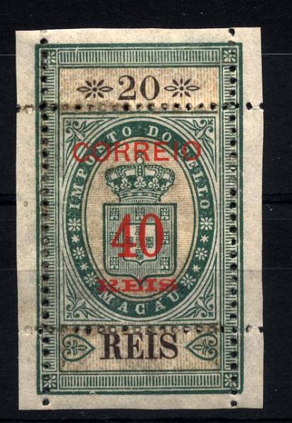 1575.jpg -     Lote:    1575            Macau       Descrição:         1887 &mdash; Selos fiscais, sobrecarregados e denteados. CE31, 40 s/ 20 reis verde. Selo completo. Valor de catálogo &euro; 238,00.        *       Valor Base:     &euro; 50,00     Valor Venda:     &euro; 95,00     