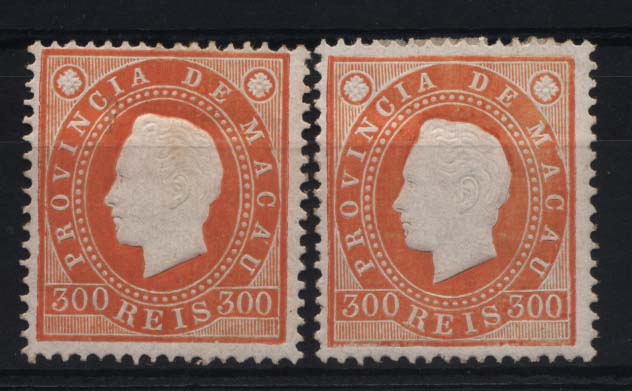 1576.jpg -     Lote:    1576            Macau       Descrição:         1888 &mdash; D. Luís I. Fita Direita. CE41, 300 reis. Lote de dois selos em denteado 13 &frac12;, nas tonalidades laranja e laranja claro. Valor de catálogo &euro; 81,20.        **       Valor Base:     &euro; 15,00     Valor Venda:     &euro; 50,00     