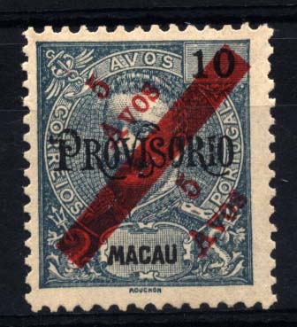 1583.jpg -     Lote:    1583            Macau       Descrição:         1911 &mdash; D. Carlos I, com sobretaxa local, sobrecarga vermelha. CE146 (127), 5 s/ 10 avos azul esverdeado. Valor de catálogo &euro; 63,00.        *       Valor Base:     &euro; 20,00     Valor Venda:     &euro; 75,00     
