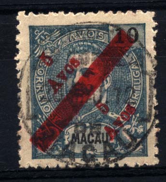 1584.jpg -     Lote:    1584            Macau       Descrição:         1911 &mdash; D. Carlos I, com sobretaxa local, sobrecarga vermelha. CE146 (96), 5 s/ 10 avos azul esverdeado. Selo inteiro obliterado.        O       Valor Base:     &euro; 200,00     Valor Venda:     &euro; 1000,00     