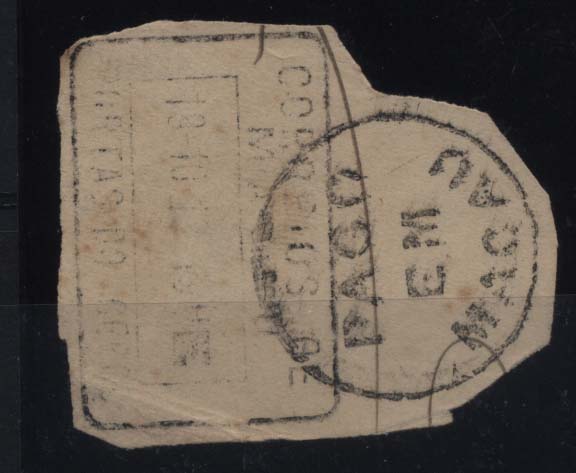 1585.jpg -     Lote:    1585            Macau       Descrição:         1913 &mdash; Selos fixos de recurso. Fragmento com selo fixo de recurso batido a preto "PAGO EM MACAU", obliterado com carimbo batido a preto "CORREIOS DE / MACAU / PORTAS DO CERCO / 18.10.13".        FRG       Valor Base:     &euro; 100,00     Valor Venda:     Retirado     