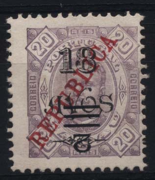1591.jpg -     Lote:    1591            Macau       Descrição:         1913 &mdash; D. Carlos I com sobretaxa. CE182, 2 s/ 18 avos s/ 20 reis, violeta vermelho. Selo com a sobretaxa invertida. Valor de catálogo &euro; 43,10.        *       Valor Base:     &euro; 20,00     Valor Venda:     &euro; 55,00     
