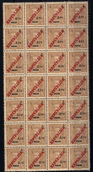 1600.jpg -     Lote:    1600            Macau       Descrição:         1913 &mdash; D. Carlos I tipo Mouchon, com sobretaxa, REPUBLICA da Casa da Moeda. CE198, &frac12; s/ 5 avos castanho amarelo. Folha completa de 28 selos. Valor de catálogo &euro; 152,60.        *       Valor Base:     &euro; 120,00     Valor Venda:     &euro; 120,00     