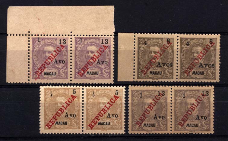 1601.jpg -     Lote:    1601            Macau       Descrição:         1913 &mdash; D. Carlos I tipo Mouchon, com sobretaxa, REPUBLICA local + REPUBLICA da Casa da Moeda. CE198/201. Série completa em pares horizontais. Valor de catálogo &euro; 115,20.        *       Valor Base:     &euro; 55,00     Valor Venda:     &euro; 110,00     