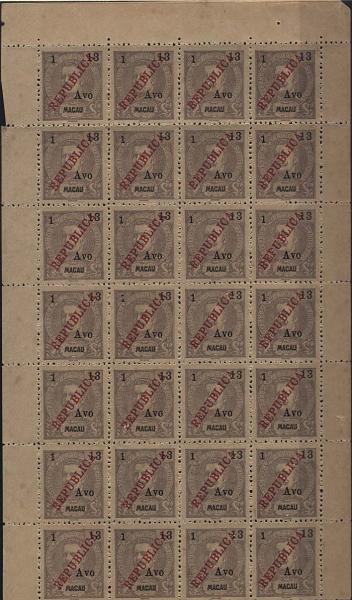 1606.jpg -     Lote:    1606            Macau       Descrição:         1913 &mdash; D. Carlos I tipo Mouchon, com sobretaxa, REPUBLICA local. CE201, 1 s/ 13 avos violeta cinzento. Folha completa de 28 selos. Valor de catálogo &euro; 152,60.        *       Valor Base:     &euro; 120,00     Valor Venda:     &euro; 260,00     