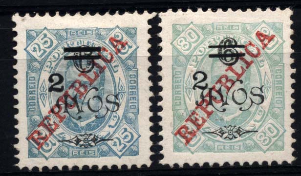 1612.jpg -     Lote:    1612            Macau       Descrição:         1919 &mdash; D. Carlos I tipo Diogo Neto, com sobretaxa. CE244/245. Lote de dois selos de 2 s/ 6 s/ 25 reis verde + 2 s/ 6 s/ 80 reis verde claro. Valor de catálogo &euro; 77,40.        *       Valor Base:     &euro; 15,00     Valor Venda:     &euro; 160,00     