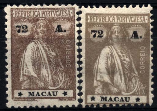 1615.jpg -     Lote:    1615            Macau       Descrição:         1924 &mdash; Ceres. Novas cores e valores. CE255, 72 avos castanho, denteado 12 11 &frac12;. Lote de dois selos: um com as estrelas na posição III/IV e outro na posição I/I. Valor de catálogo &euro; 84,10.        **       Valor Base:     &euro; 30,00     Valor Venda:     &euro; 60,00     