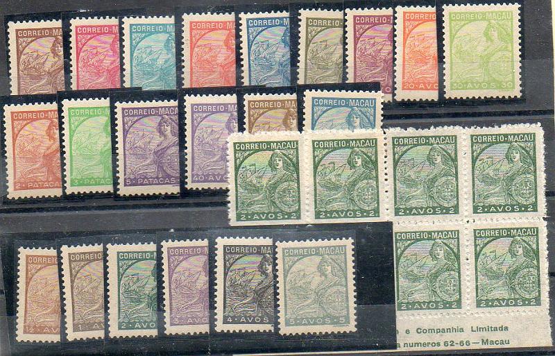 1619.jpg -     Lote:    1619            Macau       Descrição:         1934 &mdash; Padrões. CE268/88. Série completa + bloco de 8 selos de 2 avos CE270, fundo de folha com inscrições marginais (nome da firma impressora e respectivo endereço). Valor de catálogo &euro; 421,30.        ***       Valor Base:     &euro; 100,00     Valor Venda:     &euro; 320,00     