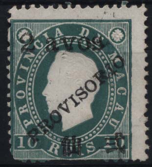 1629.jpg -     Lote:    1629            Macau       Descrição:         1894 &mdash; Não emitidos. Selo de D. Luís I, fita direita. CE NE1, 2 avos s/ 10 reis verde. Selo com defeito no denteado do bordo inferior. Valor de catálogo &euro; 729,00.        *       Valor Base:     &euro; 40,00     Valor Venda:     &euro; 160,00     