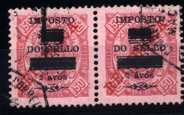 1632.jpg -     Lote:    1632            Macau       Descrição:         1920 &mdash; Não emitidos. Imposto Postal. D. Carlos I. Selo Fiscal Postal. Não catalogado. Par horizontal de selo de 2 avos s/ 18 avos s/ 150 reis carmim, denteado 11 &frac12;.        O       Valor Base:     &euro; 50,00     Valor Venda:     &euro; 80,00     