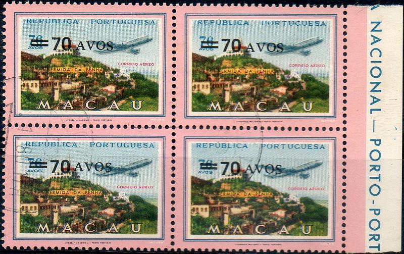 1640.jpg -     Lote:    1640            Macau       Descrição:         1979 &mdash; Correio aéreo. Vistas de Macau, com sobretaxa. CE CA21, 70 s/ 76 avos. Quadra bordo de folha usada.        O       Valor Base:     &euro; 10,00     Valor Venda:     &euro; 16,00     