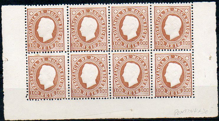 1657.jpg -     Lote:    1657            Moçambique       Descrição:         1886 &mdash; D. Luís I. Fita direita. CE21, 100 reis castanho amarelo, papel pontinhado, denteado 12 &frac12;. Bloco de 8 selos fundo de folha. Valor de catálogo &euro; 91,20.        *       Valor Base:     &euro; 20,00     Valor Venda:     &euro; 34,00     