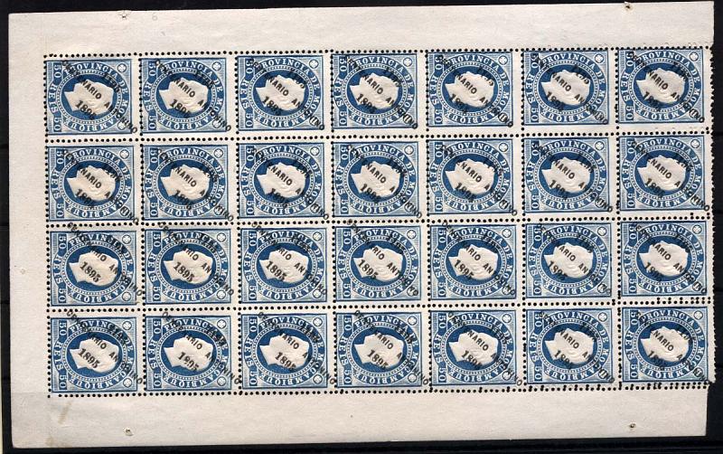 1663.jpg -     Lote:    1663            Moçambique       Descrição:         1895 &mdash; D. Luís I, com sobrecarga "CENTENÁRIO ANTONINO". CE46, 50 reis azul. Folha completa de 28 selos. Folha com duplo denteado nas duas primeiras filas. Valor de catálogo &euro; 593,60.        *       Valor Base:     &euro; 100,00     Valor Venda:     Retirado     