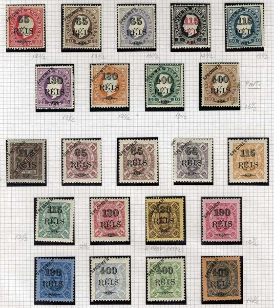 1666.jpg -     Lote:    1666            Moçambique       Descrição:         1902 &mdash; D. Luís I + D. Carlos I tipo Diogo Neto. Com sobretaxa. Séries completas CE68/76 e 77/89. Todos os selos com sobrecarga "SPECIMEN", em denteado 11 &frac12; (7), 12 &frac12; (7) e 13 &frac12;. CE84 reimpressão de 1905 e restantes selos originais distribuídos com as reimpressões. Acompanha sobrescrito impresso com as designações dos selos que contêm. MB.        ***       Valor Base:     &euro; 100,00     Valor Venda:     &euro; 380,00     