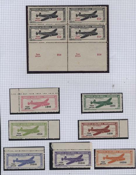 1669.jpg -     Lote:    1669            Moçambique       Descrição:         1947 &mdash; Correio aéreo. "Avião", com legenda "Taxe Perçue". CE CA16/23. Série completa + quadra de $50, fundo de folha, com taxa e legendas inscritas na margem. Valor de catálogo &euro; 170,00.        **       Valor Base:     &euro; 40,00     Valor Venda:     &euro; 55,00     