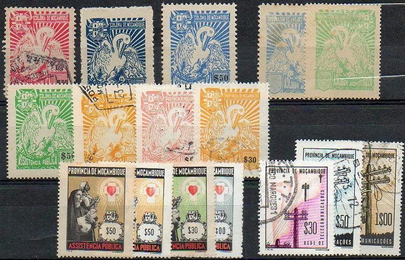 1670.jpg -     Lote:    1670            Moçambique       Descrição:         1943/72 &mdash; Imposto Postal. Assistência e Rede de Telecomunicações. Lote composto por 16 selos, incluindo nove de Assistência * Pelicano, dois deles CE50 e 53 com impressão retro-verso com valor omisso.        ***/O       Valor Base:     &euro; 10,00     Valor Venda:     &euro; 21,00     