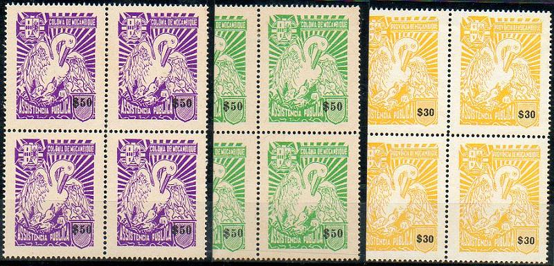 1671.jpg -     Lote:    1671            Moçambique       Descrição:         1943/51 &mdash; Assistência. Tipo Pelicano. CE52, 53 e 59. Lote de 3 quadras, só dois selos com charneira. Valor de catálogo &euro; 79,00.        ***/**       Valor Base:     &euro; 12,00     Valor Venda:     &euro; 22,00     
