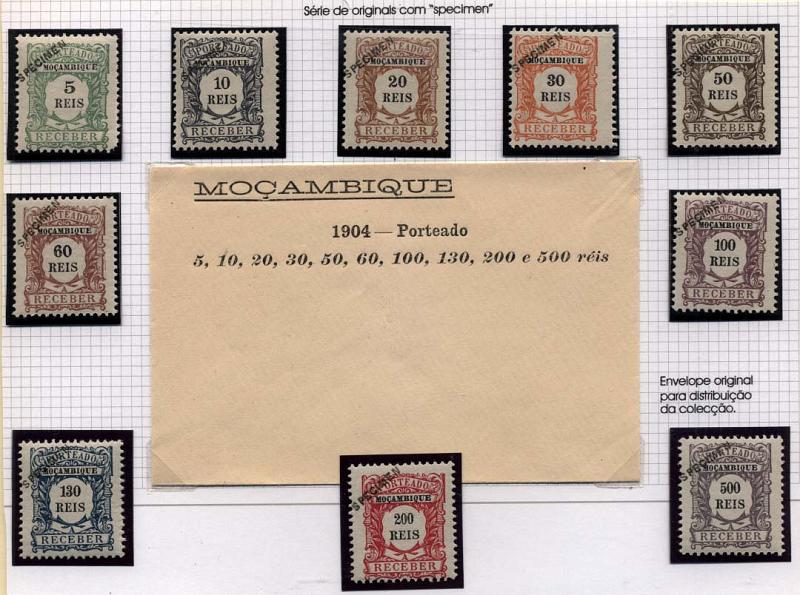 1672.jpg -     Lote:    1672            Moçambique       Descrição:         1904 &mdash; Porteado. Emissão Regular. CE POR 1/10. Série completa de originais, distribuídos com as reimpressões de 1905, com sobrecarga oblíqua "SPECIMEN". Acompanha sobrescrito original impresso para distribuição da colecção.        ***       Valor Base:     &euro; 30,00     Valor Venda:     &euro; 100,00     