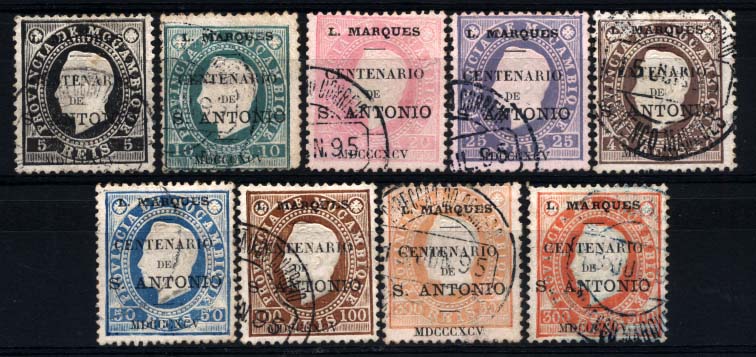1674.jpg -     Lote:    1674            Lourenço Marques       Descrição:         1895 &mdash; D. Luís I. Selos de Moçambique com a sobrecarga do "Centenário de S. António". CE14/20 e 22 (dois selos de tonalidades diferentes). Falta apenas o selo de 200 reis para completar a série. Selo de 50 reis em denteado 13 &frac12;. Valor de catálogo &euro; 407,00.        O       Valor Base:     &euro; 100,00     Valor Venda:     Retirado     