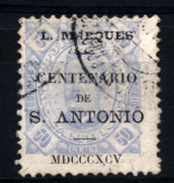 1678.jpg -     Lote:    1678            Lourenço Marques       Descrição:         1895 &mdash; D. Carlos I tipo Diogo Neto. Selos de Moçambique com a sobrecarga do "Centenário de S. António". CE26, 50 reis azul claro, denteado 11 &frac12;. Valor de catálogo &euro; 43,80.        O       Valor Base:     &euro; 12,00     Valor Venda:     &euro; 12,00     