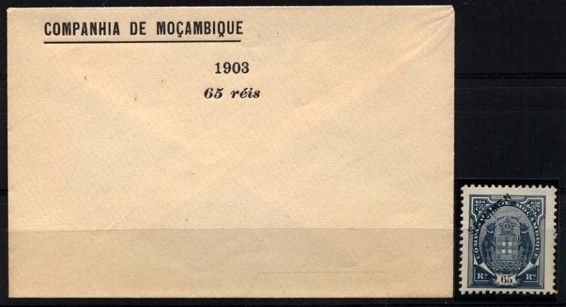 1679.jpg -     Lote:    1679            Companhia de Moçambique       Descrição:         1902 &mdash; Tipo Elefantes. Novo valor. CE44, 65 reis azul. Selo original com sobrecarga a preto "SPECIMEN", distribuído com as reimpressões de 1905. Acompanha sobrescrito impresso com a designação do selo.        ***       Valor Base:     &euro; 10,00     Valor Venda:     &euro; 44,00     