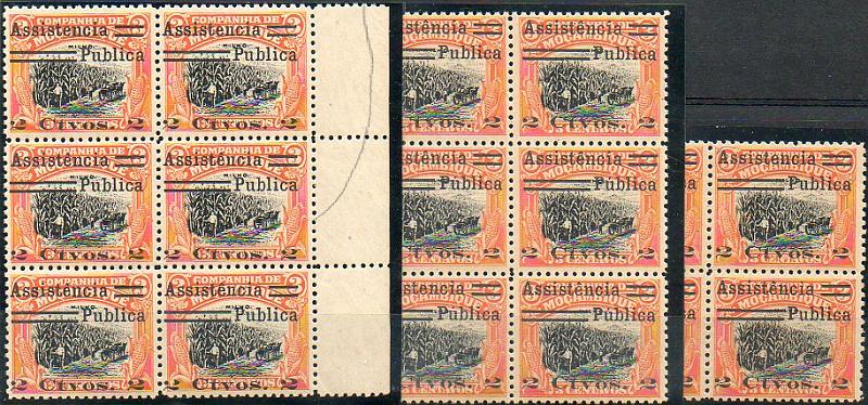 1681.jpg -     Lote:    1681            Companhia de Moçambique       Descrição:         1932 &mdash; Imposto Postal. Motivos locais com sobretaxa e sobrecarga. CE IP1, 2 s/ 3 c ocre e preto. Lote composto por dois blocos de seis selos + quadra, com todas as variedades de acentos. Valor de catálogo &euro; 130,00.        ***       Valor Base:     &euro; 15,00     Valor Venda:     &euro; 15,00     