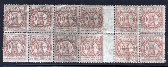 1684.jpg -     Lote:    1684            Companhia do Niassa       Descrição:         Cabo Delgado. Não emitidos. Denteados. Lote composto por bloco de 10 selos + quadra, bordo de folha, do selo de 10 reis.        ***       Valor Base:     &euro; 15,00     Valor Venda:     &euro; 15,00     