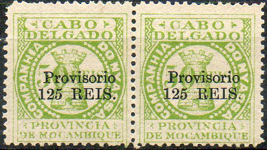 1687.jpg -     Lote:    1687            Companhia do Niassa       Descrição:         Cabo Delgado, com sobretaxa e sobrecarga PROVISÓRIO. Não emitidos e não catalogados. Selo de 125 s/ 50 reis verde. Par horizontal denteado.        **       Valor Base:     &euro; 10,00     Valor Venda:     &euro; 42,00     