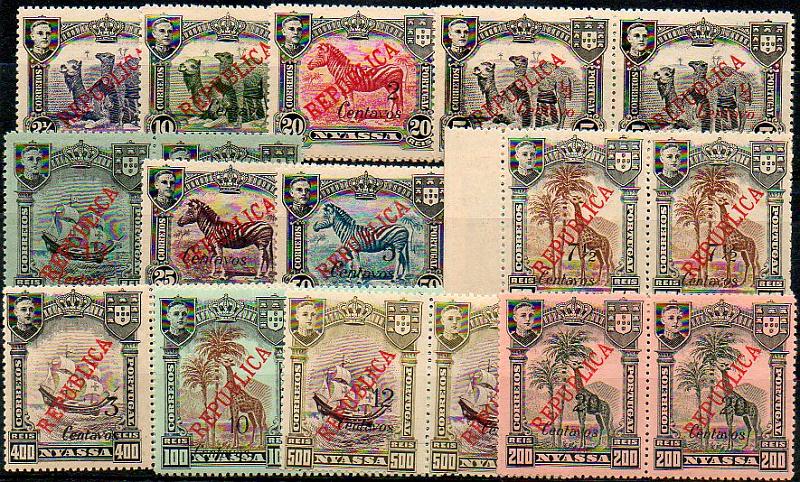 1693.jpg -     Lote:    1693            Companhia do Niassa       Descrição:         1921 &mdash; D. Manuel II com sobretaxa de Lisboa. CE82/93. Série completa em pares. Valor de catálogo &euro; 120,96.        ***       Valor Base:     &euro; 30,00     Valor Venda:     &euro; 65,00     