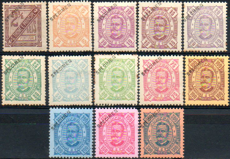 1696.jpg -     Lote:    1696            S. Tomé e Príncipe       Descrição:         1892/93 &mdash; D. Carlos I tipo Diogo Neto. CE30/42. Série completa com selos originais distribuídos com as reimpressões de 1905, com sobrecarga obliqua a preto "SPECIMEN". Alguns selos com pontos de óxido no verso. MR. Lote a ver.        **       Valor Base:     &euro; 150,00     Valor Venda:     &euro; 260,00     
