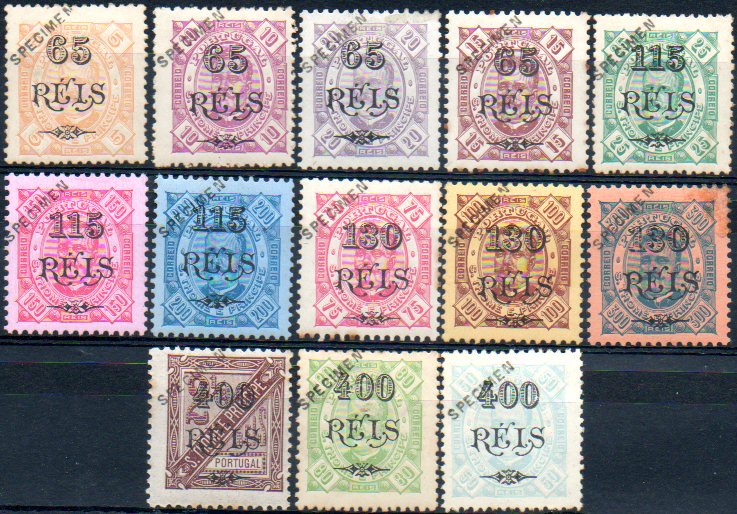 1699.jpg -     Lote:    1699            S. Tomé e Príncipe       Descrição:         1902 &mdash; D. Carlos I tipo Diogo Neto, com sobretaxa. CE70/82. Série completa com selos originais distribuídos com as reimpressões de 1905, com sobrecarga oblíqua a preto "SPECIMEN". Selos com pontos de óxido no verso. Lote a ver.        **       Valor Base:     &euro; 120,00     Valor Venda:     &euro; 220,00     