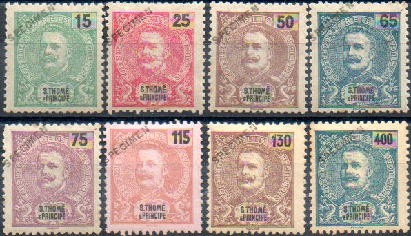 1701.jpg -     Lote:    1701            S. Tomé e Príncipe       Descrição:         1903 &mdash; D. Carlos I tipo Mouchon. Novas cores e valores. CE87/94. Série completa com selos originais distribuídos com as reimpressões de 1905, com sobrecarga oblíqua a preto "SPECIMEN". Alguns selos com pontos de óxido. Lote a ver. MB e R.        **       Valor Base:     &euro; 80,00     Valor Venda:     &euro; 160,00     