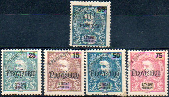 1702.jpg -     Lote:    1702            S. Tomé e Príncipe       Descrição:         1902/05 &mdash; D. Carlos I tipo Mouchon, com sobrecarga "PROVISÓRIO" + D. Carlos I com sobretaxa. CE83/86 e CE95. Séries completas com selos originais distribuídos com as reimpressões de 1905, com sobrecarga oblíqua a preto "SPECIMEN". MB e R.        **       Valor Base:     &euro; 50,00     Valor Venda:     &euro; 110,00     