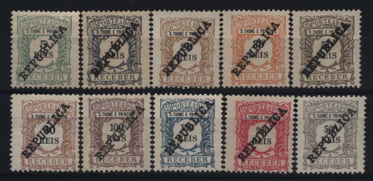 1706.jpg -     Lote:    1706            S. Tomé e Príncipe       Descrição:         1913 &mdash; Porteado. Tipo 1904 com sobrecarga local tipografada "REPUBLICA". CE POR3&frac14;0. Emitidos sem goma. Série completa. Valor de catálogo &euro; 87,15.        *       Valor Base:     &euro; 18,00     Valor Venda:     &euro; 40,00     