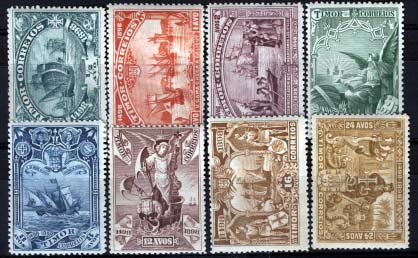 1716.jpg -     Lote:    1716            Timor       Descrição:         1898 &mdash; 4.º Centenário do Descobrimento do Caminho Marítimo para a Índia. CE50/57. Série completa. Valor de catálogo &euro; 35,35.        **       Valor Base:     &euro; 8,00     Valor Venda:     &euro; 16,00     