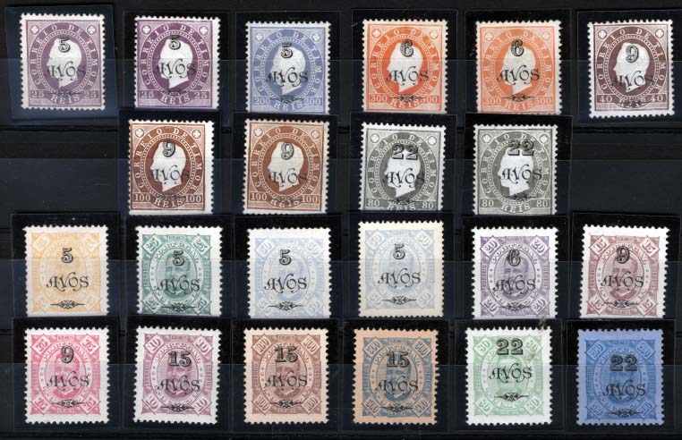 1719.jpg -     Lote:    1719            Timor       Descrição:         1902 &mdash; D. Luís I e D. Carlos I com sobretaxa. Emitidos com e sem goma. CE76/96. Faltam CE78, 82/83 e 88 para completar a série. Algumas repetições (tonalidades). Valor de catálogo &euro; 124,50.        **/*       Valor Base:     &euro; 30,00     Valor Venda:     &euro; 60,00     