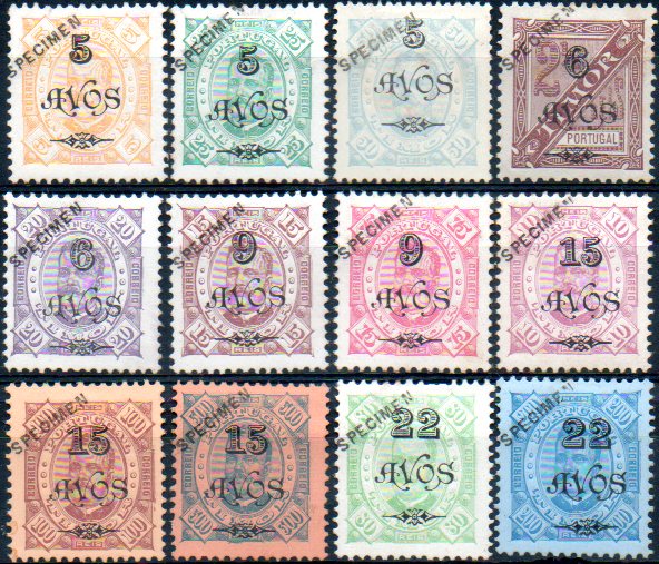 1720.jpg -     Lote:    1720            Timor       Descrição:         1902 &mdash; D. Carlos I tipo Diogo Neto, com sobretaxa. Emitidos com e sem goma. CE85/96. Série completa com selos originais distribuídos com as reimpressões de 1905, com sobrecarga oblíqua a preto "SPECIMEN". Três selos com pontos de óxido no verso. MR. Lote a ver.        **/*       Valor Base:     &euro; 120,00     Valor Venda:     &euro; 200,00     