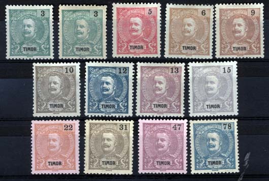 1721.jpg -     Lote:    1721            Timor       Descrição:         1903 &mdash; D. Carlos I. Novas cores e valores. Emitidos sem goma. CE99/110. Série completa + repetições (tonalidades). Valor de catálogo &euro; 74,70.        *       Valor Base:     &euro; 18,00     Valor Venda:     &euro; 36,00     