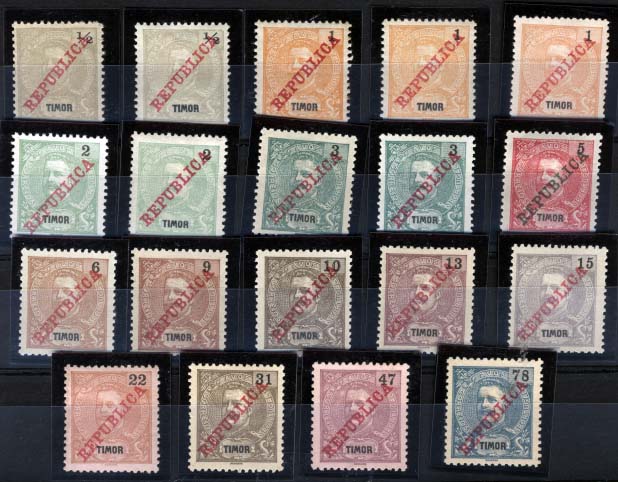 1723.jpg -     Lote:    1723            Timor       Descrição:         1911 &mdash; D. Carlos I, com sobrecarga REPUBLICA. Emitidos sem goma. CE112/125. Série completa, com algumas repetições (tonalidades). Valor de catálogo &euro; 28,05.        *       Valor Base:     &euro; 8,00     Valor Venda:     &euro; 16,00     